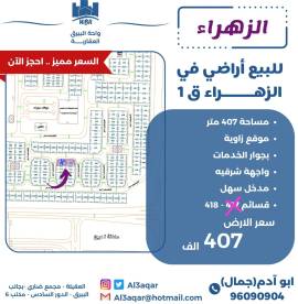 للبيع ارضين في الزهراء